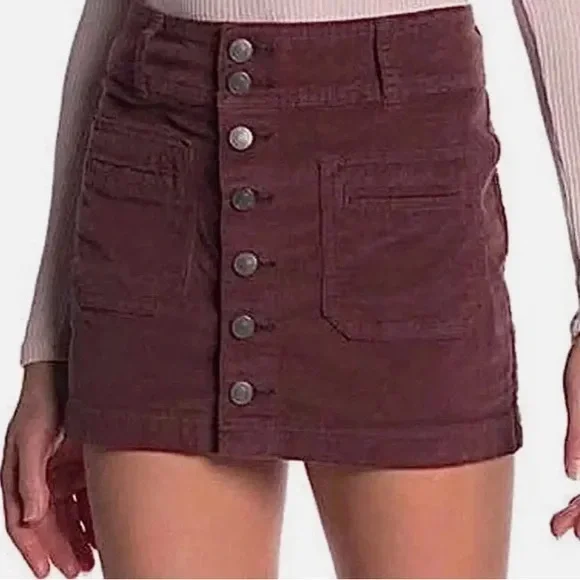 Free People We The Free Joanie Corduroy Chocolate Button-Front Mini Skirt - Picture 3 of 6